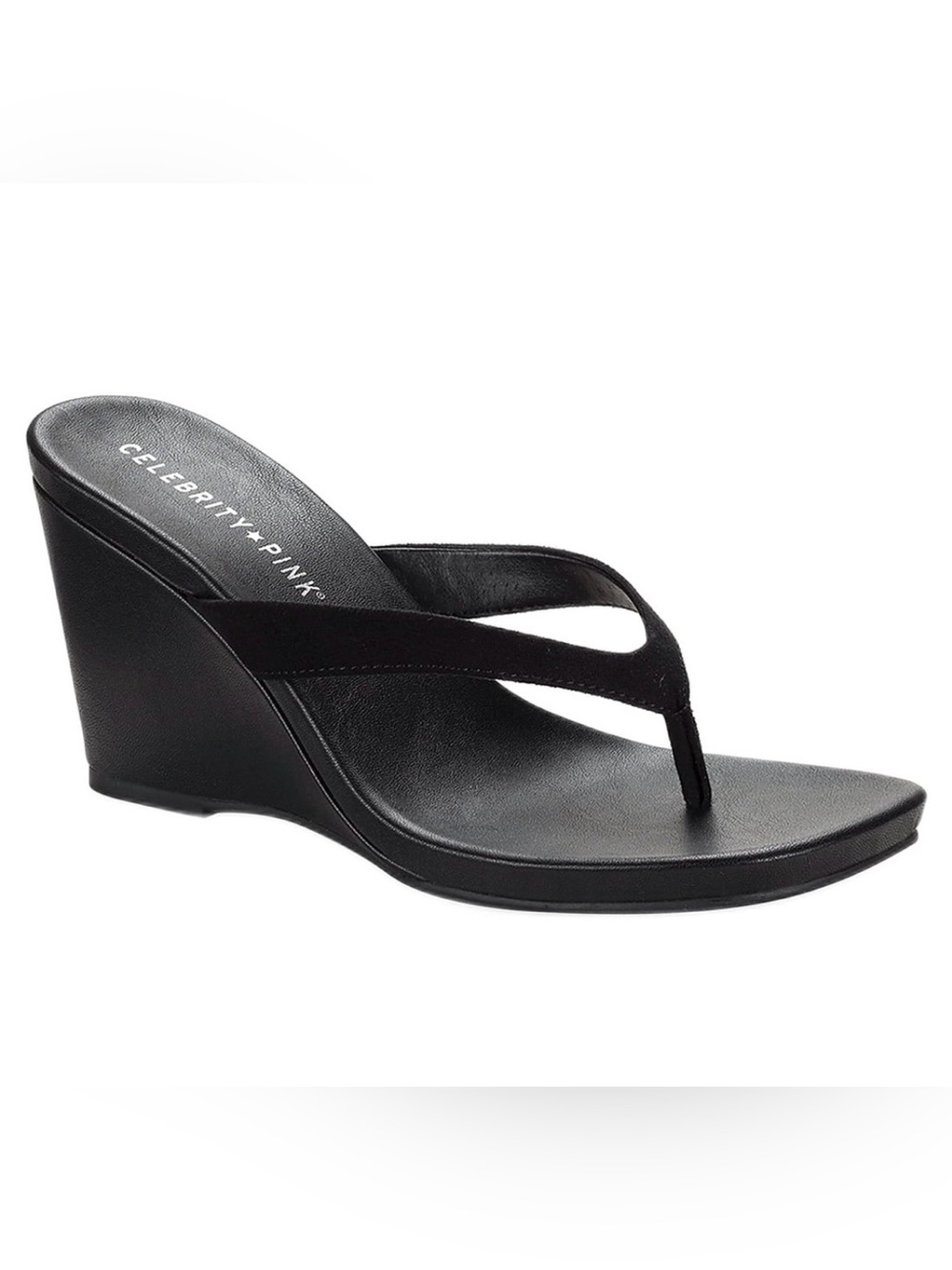 Celebrity Pink Black Wedge Thong Sandals